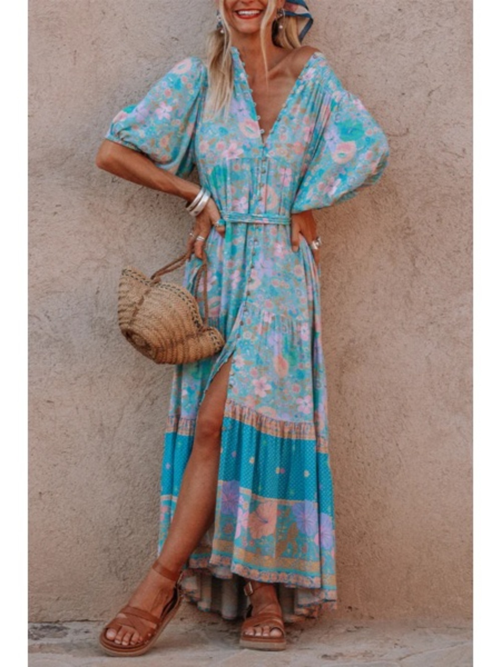 Spell Hibiscus Lane Button Through Gown in the Lagoon colorway